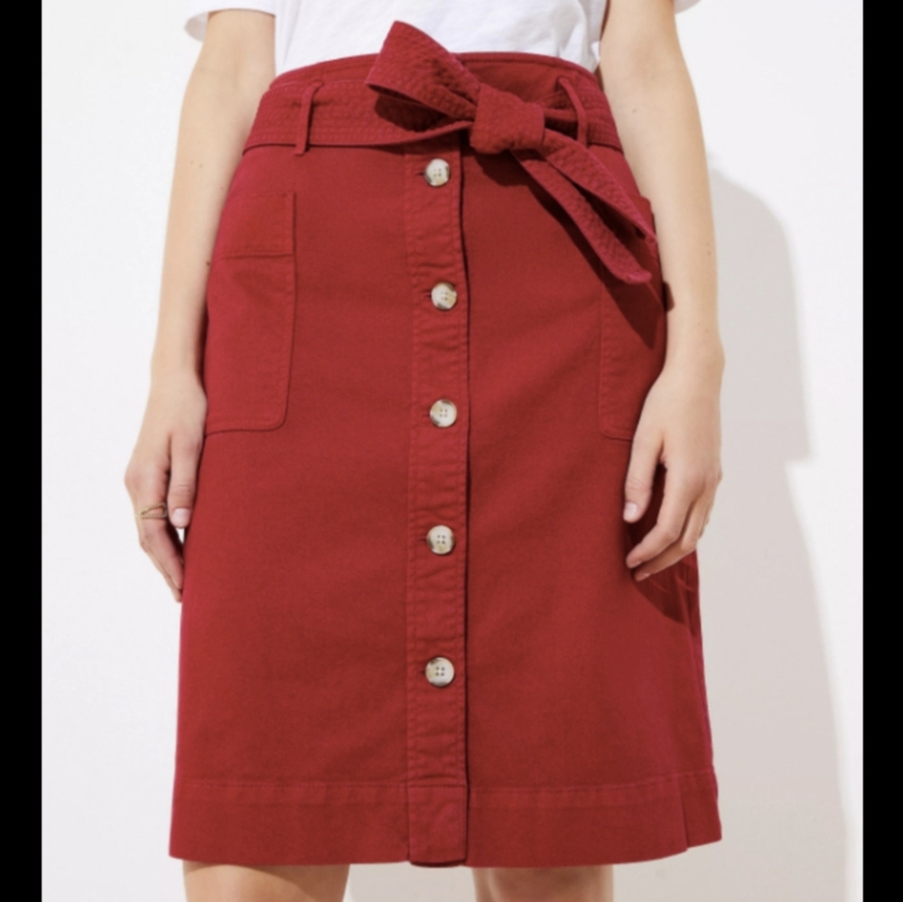 EUC LOFT Red Burgundy Button-Front Midi Skirt